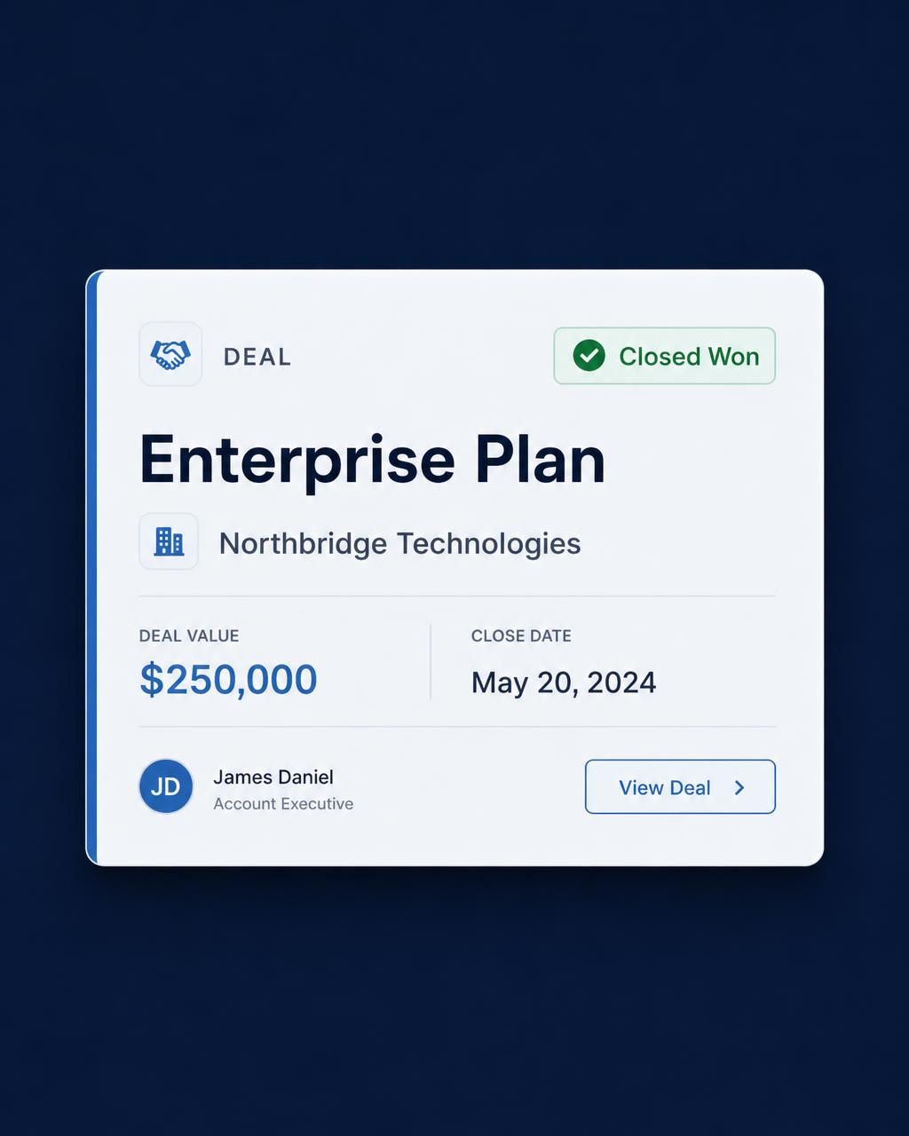 CRM Closed Won deal card announcing a signed Enterprise Plan
